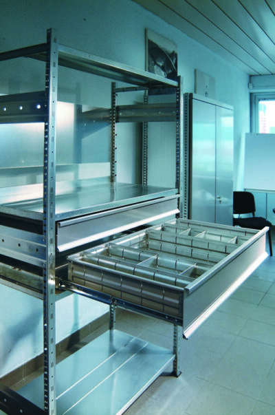 Errex light-duty shelving with drawers